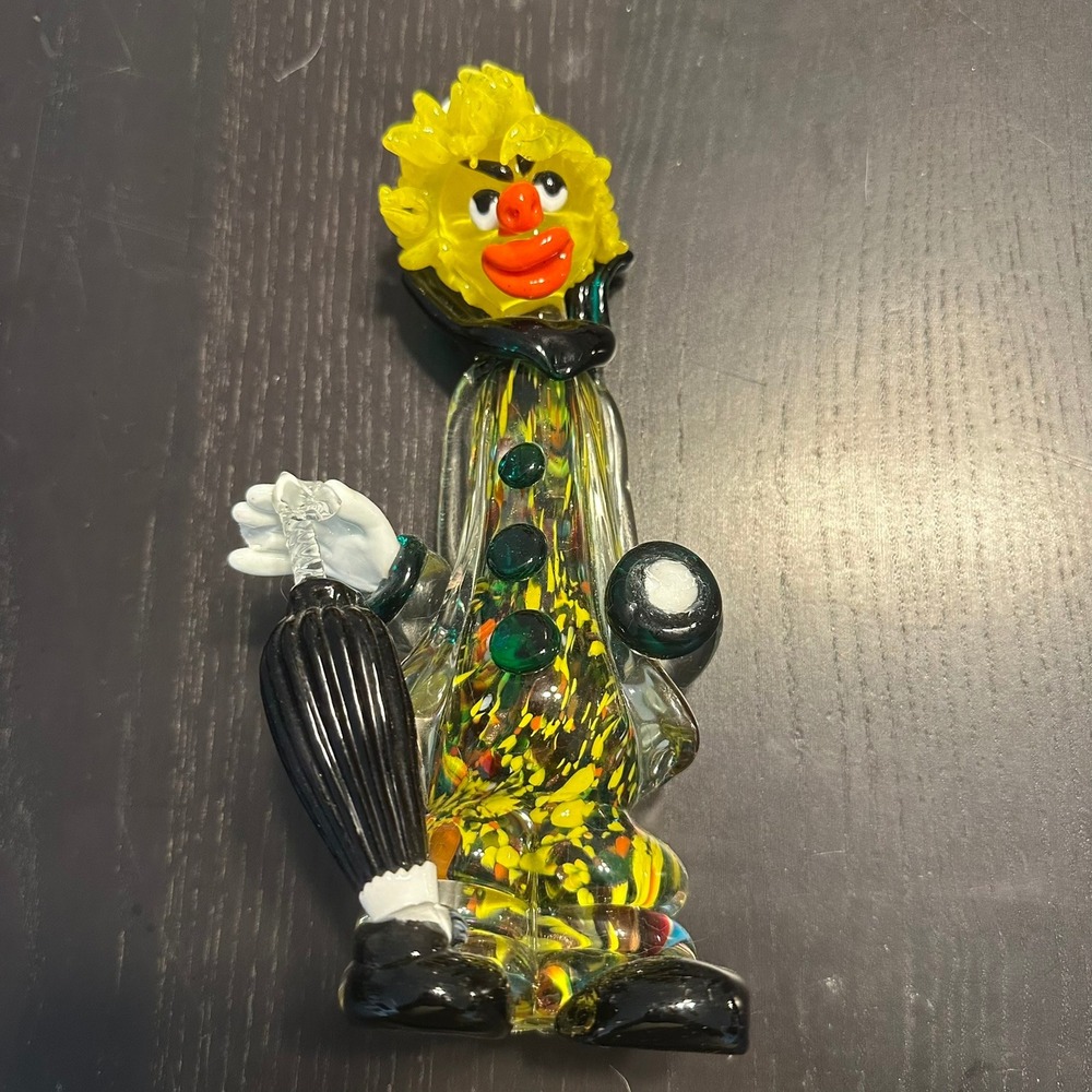 Murano Style Art Glass Clown Figurine with Umbrella Yellow Hair Millefiori 8in - Picture 2 of 8